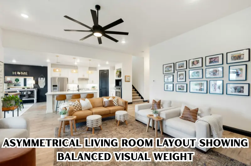 asymmetrical living room layout showing balanced visual weight