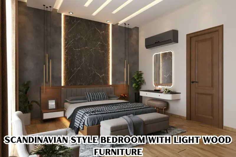 scandinavian style bedroom with light wood furniture