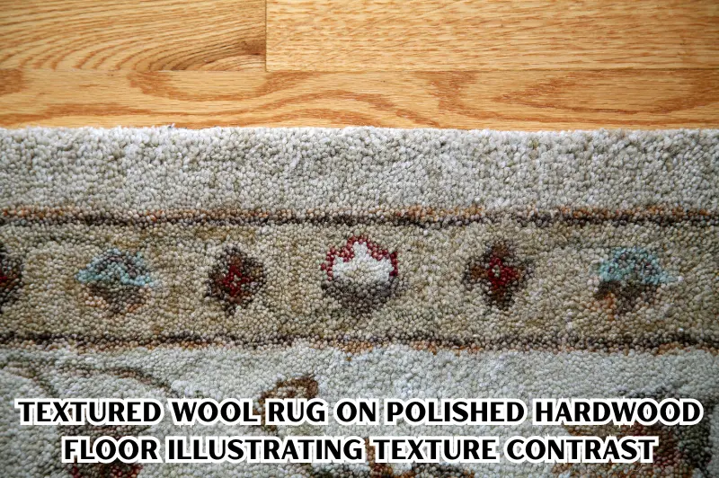 textured wool rug on polished hardwood floor illustrating texture contrast