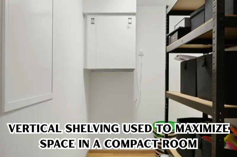 vertical shelving used to maximize space in a compact room